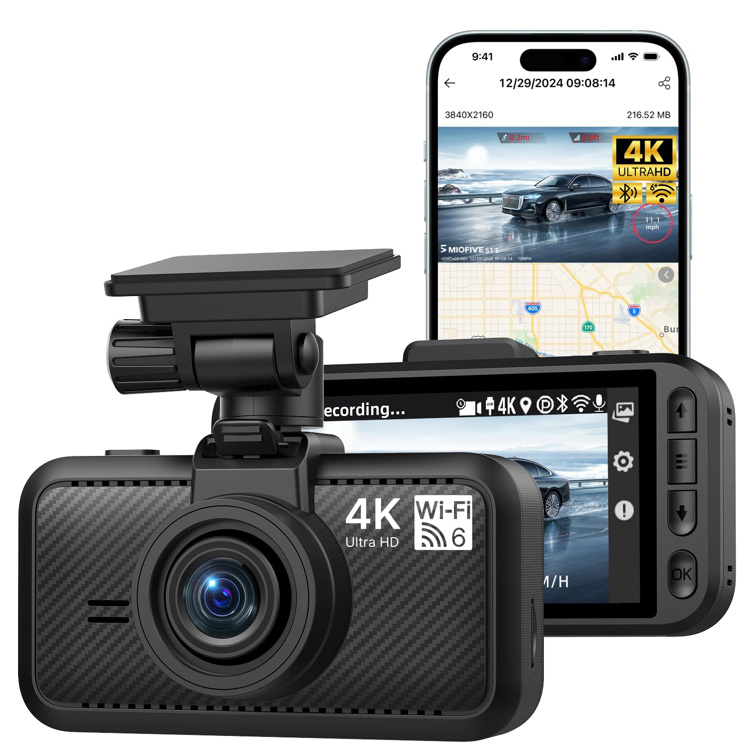 Miofive Dash Cam Front, S1 E Car Camera, Built In Wifi & Gps Car Dashboard Camera Recorder With 4K/2160P Uhd, App, 3'' Ips Scree